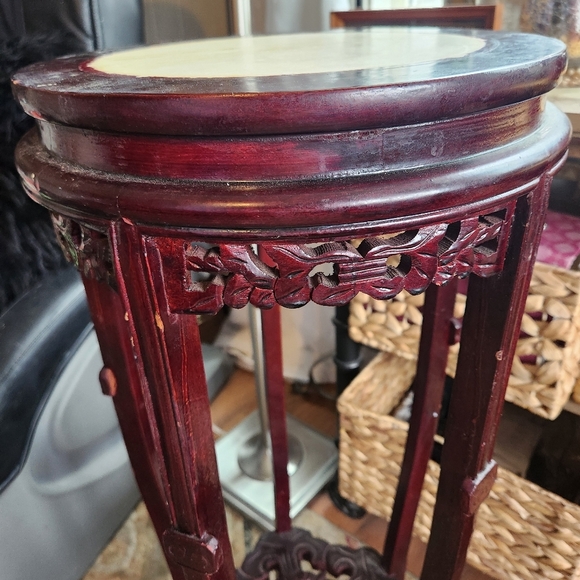 Vintage Rosewood Carved Marble Top 33" Plant Stand Planter Dark Wood Cherry 50s - Picture 7 of 12